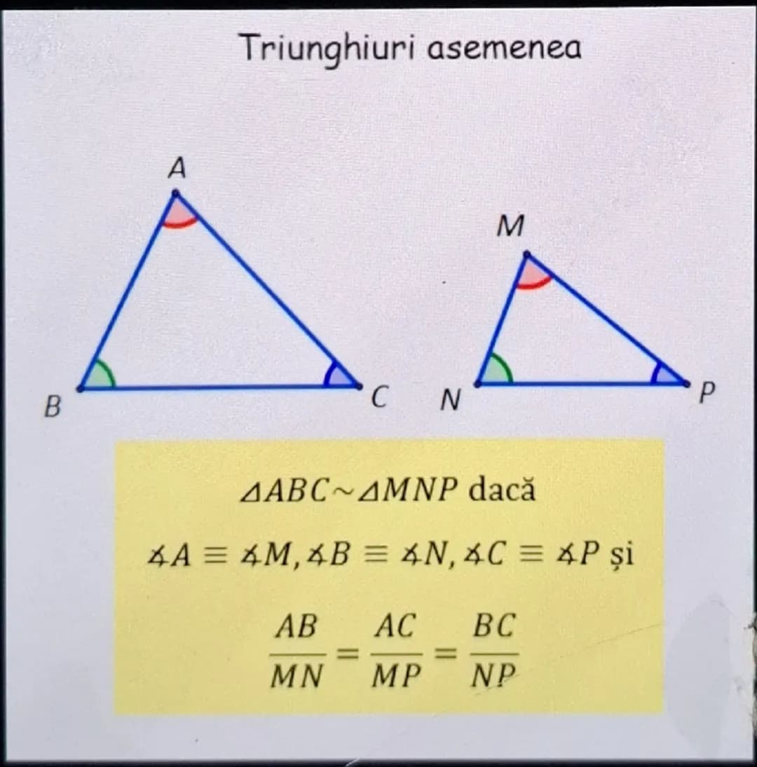 # Teorema lui Pitagora

$BC^2 = AB^2 + AC^2$

$a^2 = b^2 + c^2$ # Teorema lui Thales

$MN \parallel BC \implies \frac{AM}{MB} = \frac{AN}{NC