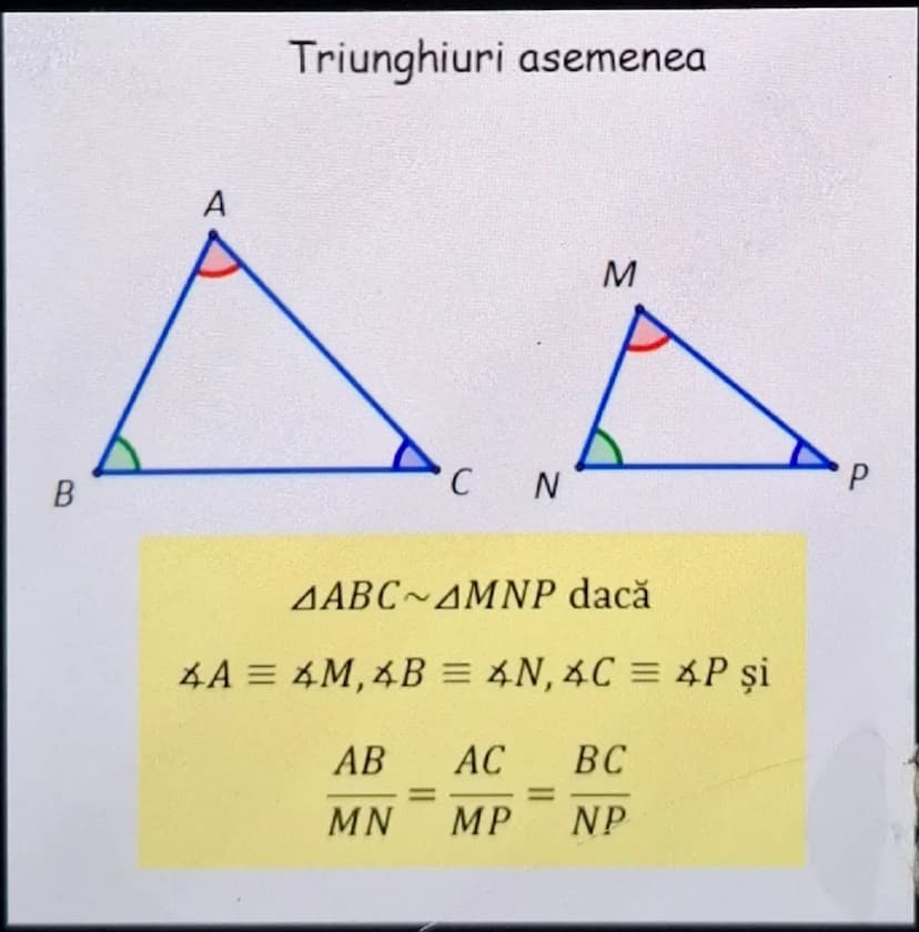 # Teorema lui Pitagora

$BC^2 = AB^2 + AC^2$

$a^2 = b^2 + c^2$ # Teorema lui Thales

$MN \parallel BC \implies \frac{AM}{MB} = \frac{AN}{NC
