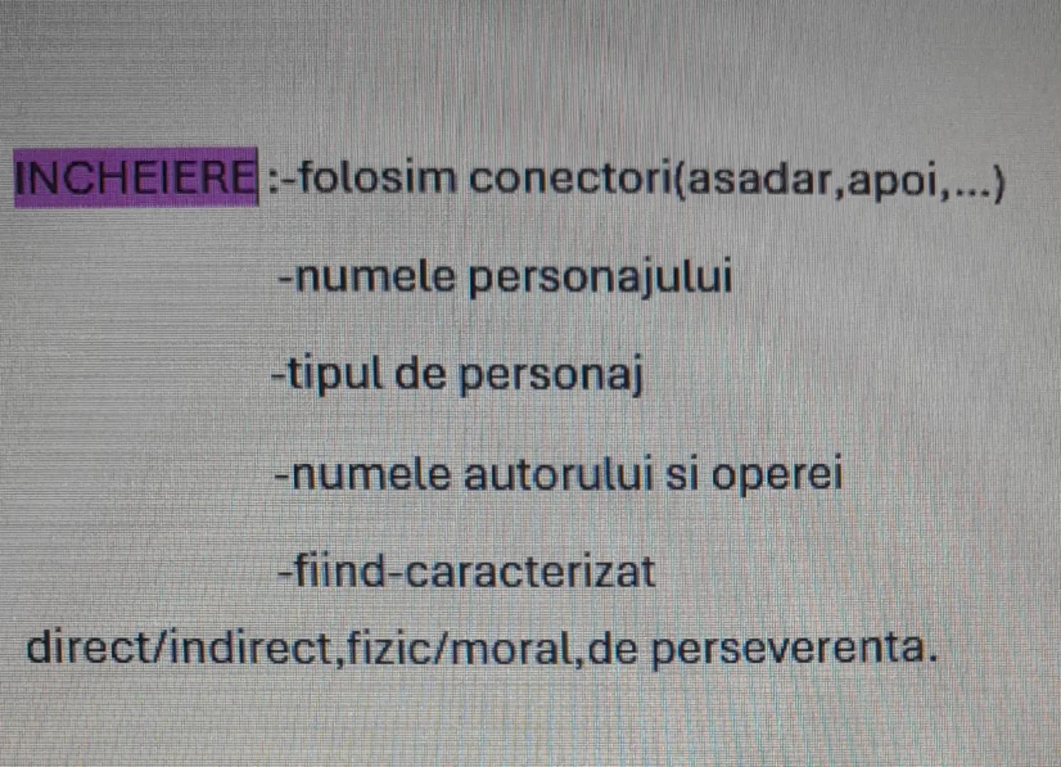 CARACTERIZAREA DE
PERSONAJ

INTRODUCERE:-numele personajului

-tipul de personaj

-numele operei

-autorul operei

-tema abordata

CUPRINSUL