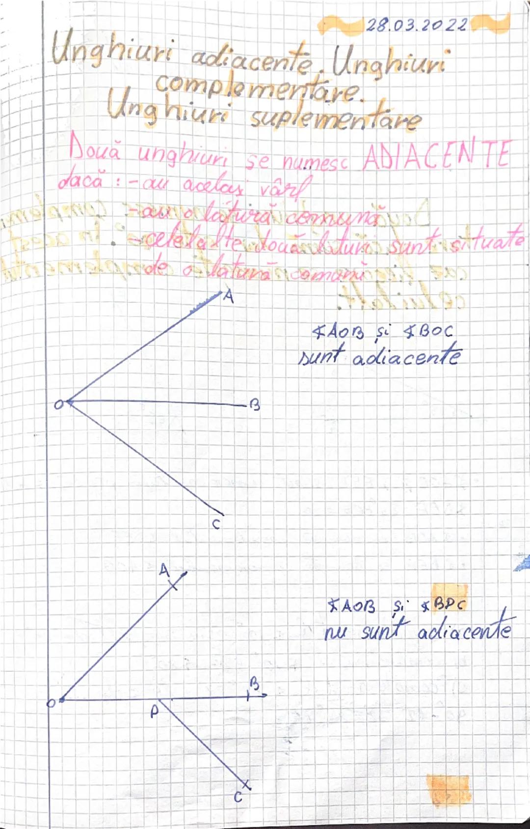 # Construiti două unghiuri adiacente şi
complementare
B
0
A
$ \angle AOC + \angle COB = 90^{\circ} $
$ \angle AOB + \angle BOC = $ adiacente