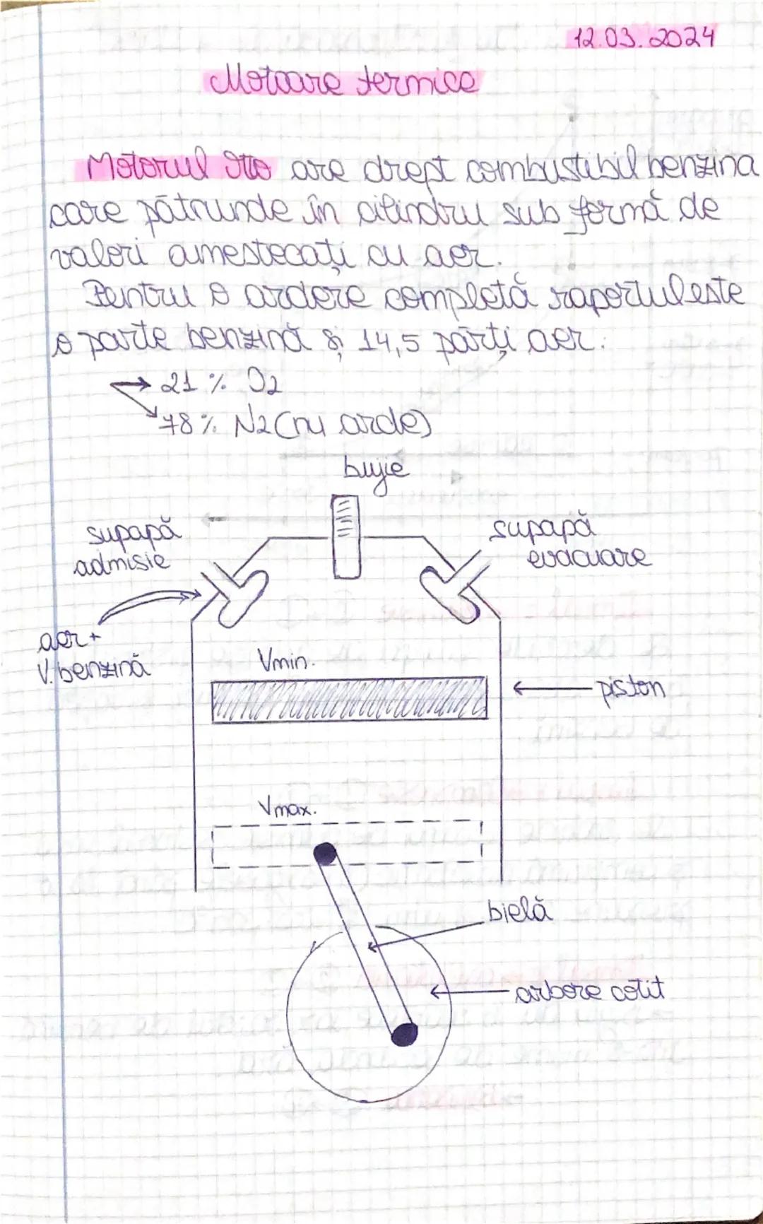 12.03.2024
Motoare termice
Motorul to are drept combustibil benzina
care pătrunde în cilindru sub forma de
valori amestecați cu aer.
Pentru 