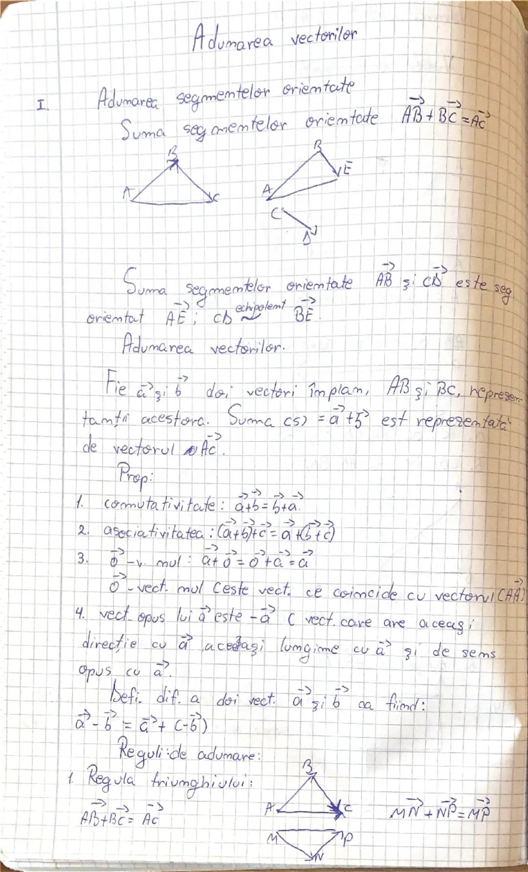 # Adunarea vectorilor

I. Adunarea segmentelor orientate
Suma segmentelor orientate  $\overrightarrow{AB} + \overrightarrow{BC} = \overright