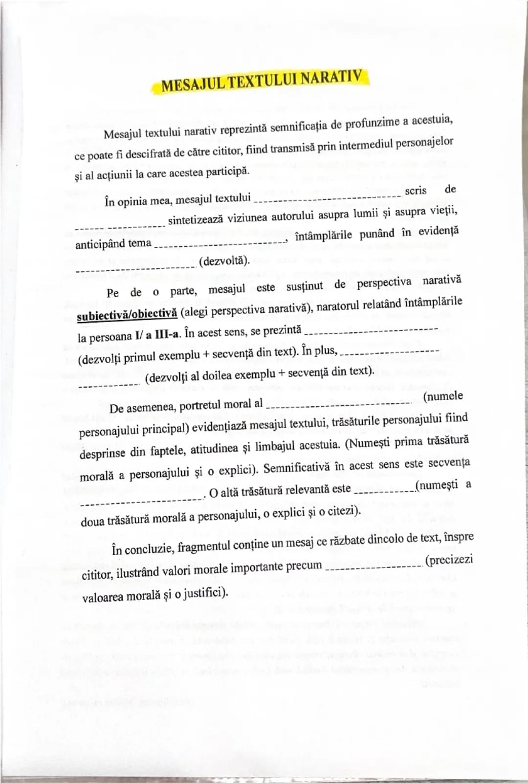 --- OCR Start ---
MESAJUL TEXTULUI NARATIV
Mesajul textului narativ reprezintă semnificația de profunzime a acestuia,
ce poate fi descifrată