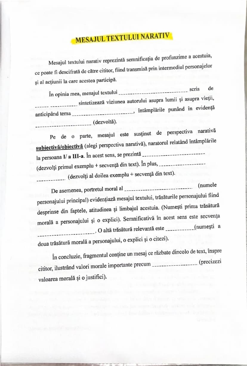 --- OCR Start ---
MESAJUL TEXTULUI NARATIV
Mesajul textului narativ reprezintă semnificația de profunzime a acestuia,
ce poate fi descifrată