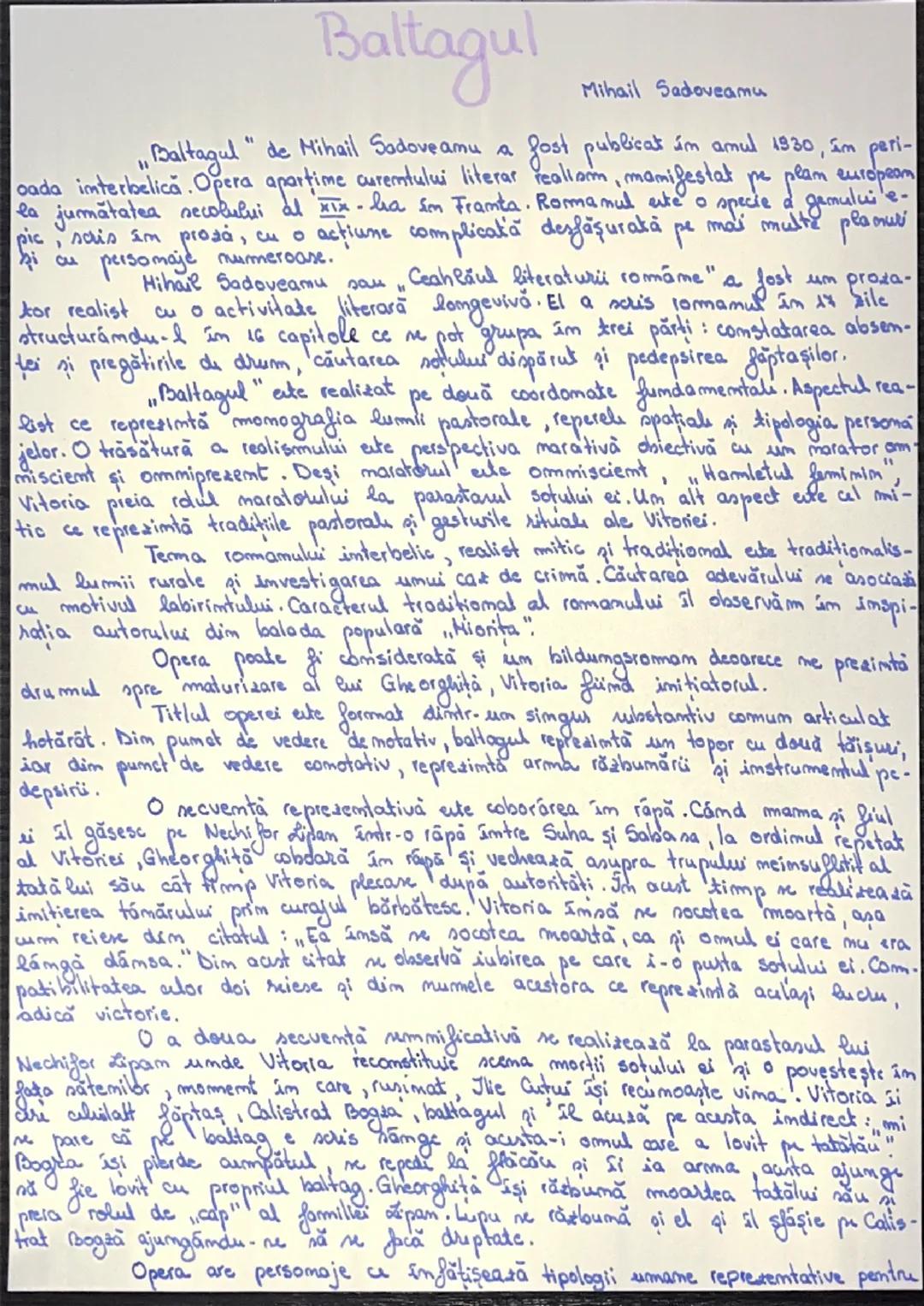 # Baltagul

Mihail Sadoveamu

„Baltagul" de Mihail Sadoveamu a fost publicat ám amul 1930, am peri-
oada imterbelică. Opera aparține curentu