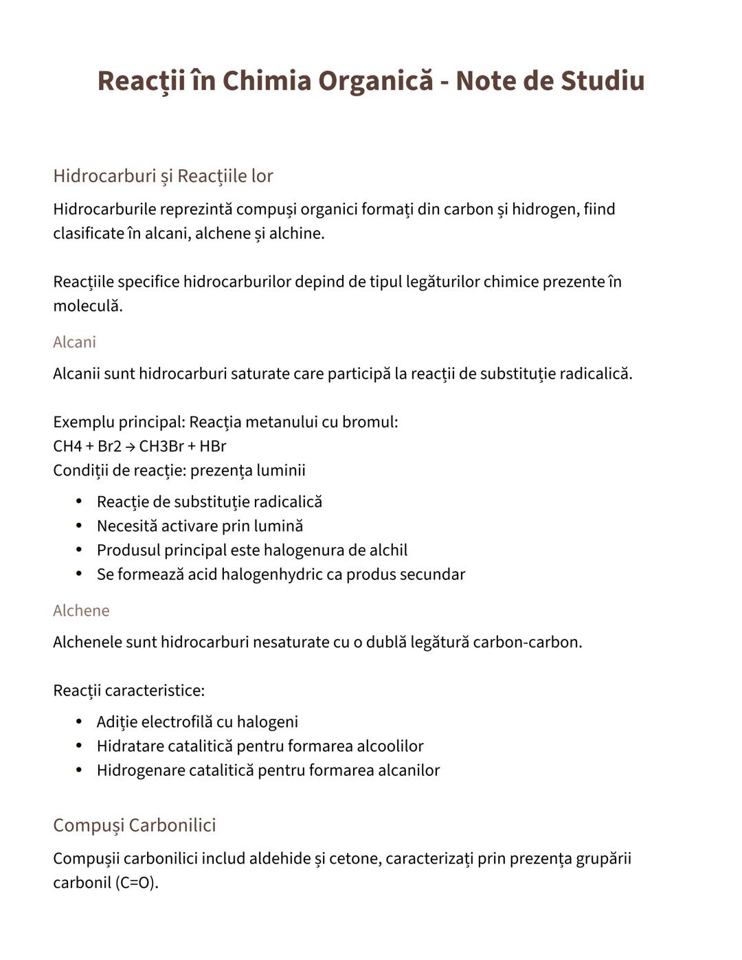 # Reacţii în Chimia Organică - Note de Studiu

Hidrocarburi şi Reacţiile lor
Hidrocarburile reprezintă compuşi organici formaţi din carbon ș