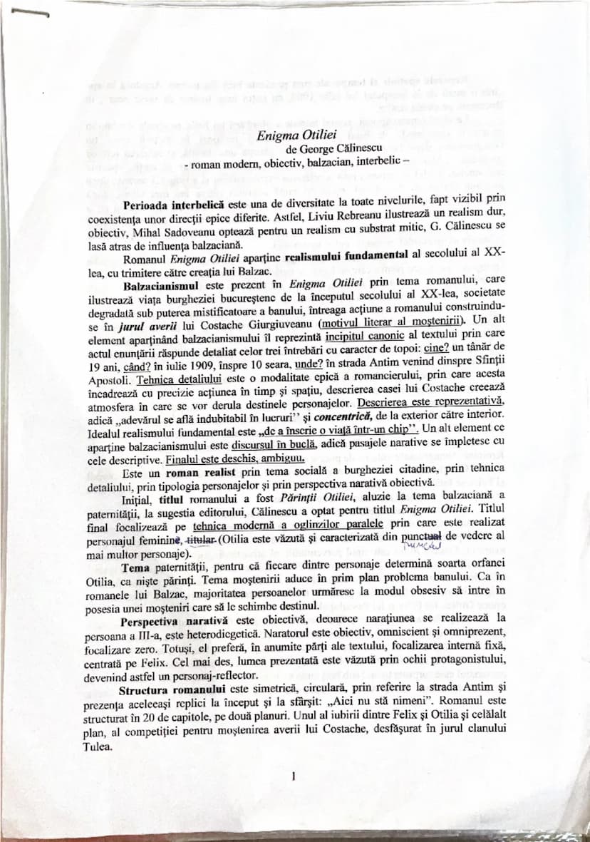 # Enigma Otiliei

de George Călinescu
- roman modern, obiectiv, balzacian, interbelic -

Perioada interbelică este una de diversitate la toa