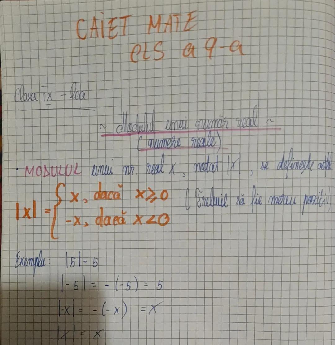 CAIET MATE
els a 9-a
Clasa a IX-a - lea
2 Modulul unui număr real
(numere reale)
• MODULUL unui nr. real x, notat |x|, se definește astfel:
