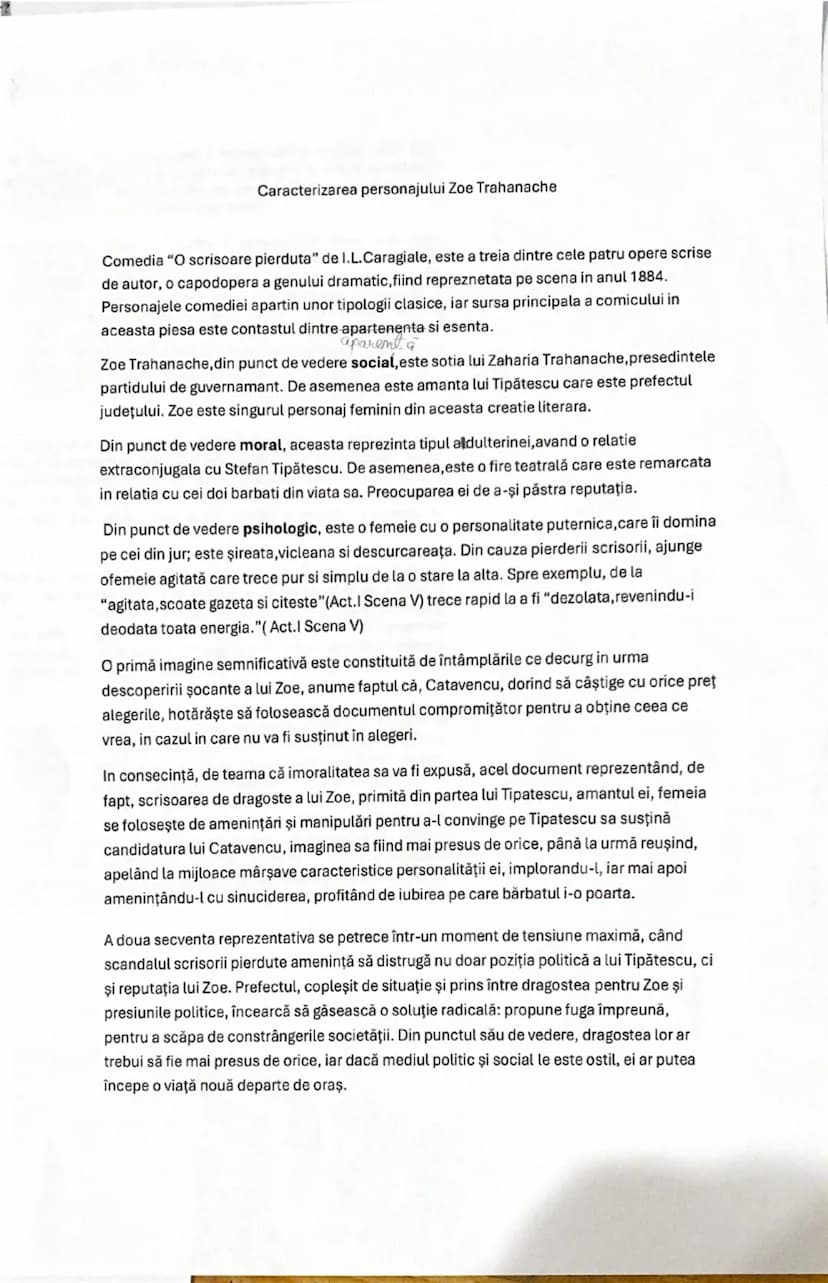 # Caracterizarea personajului Zoe Trahanache

Comedia "O scrisoare pierduta" de I.L. Caragiale, este a treia dintre cele patru opere scrise
