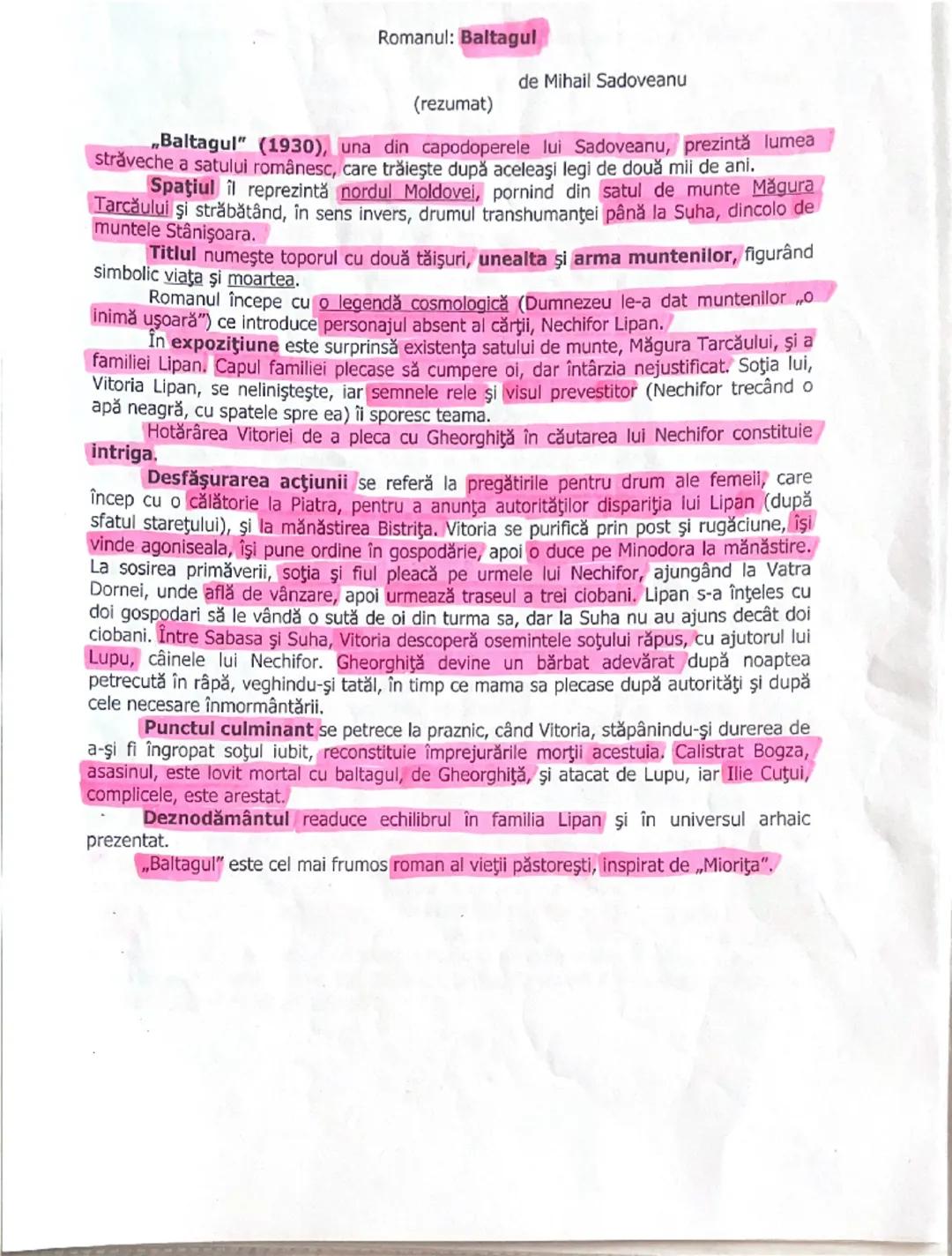 # Romanul: Baltagul
(rezumat)
de Mihail Sadoveanu

"Baltagul" (1930), una din capodoperele lui Sadoveanu, prezintă lumea
străveche a satului