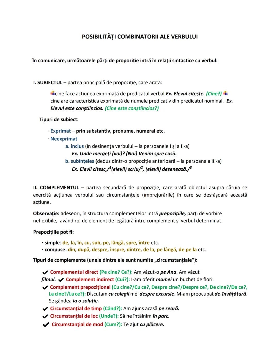 --- OCR Start ---
POSIBILITĂŢI COMBINATORII ALE VERBULUI
În comunicare, următoarele părți de propoziţie intră în relații sintactice cu verbu