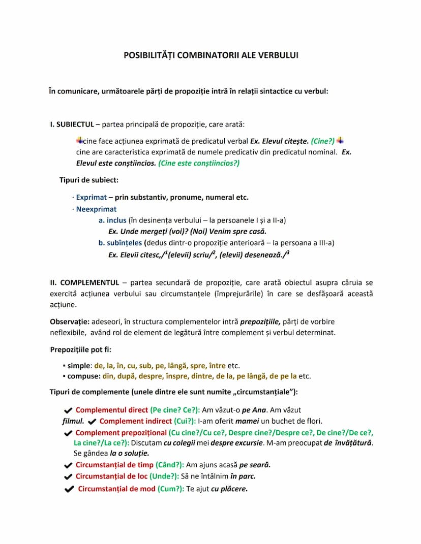 --- OCR Start ---
POSIBILITĂŢI COMBINATORII ALE VERBULUI
În comunicare, următoarele părți de propoziţie intră în relații sintactice cu verbu