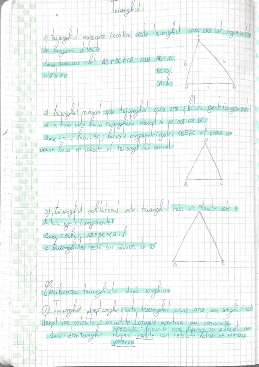 Triunghiul

1) triunghiul oarecare (scalen) este triunghiul care are lat. segmentele
de lungimi diferite
Δoc oarecare = lat AB≠BC≠CA sau AB=