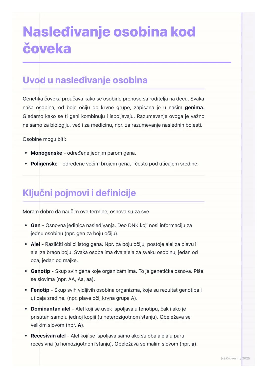 # Nasleđivanje osobina kod
čoveka

Uvod u nasleđivanje osobina

Genetika čoveka proučava kako se osobine prenose sa roditelja na decu. Svaka