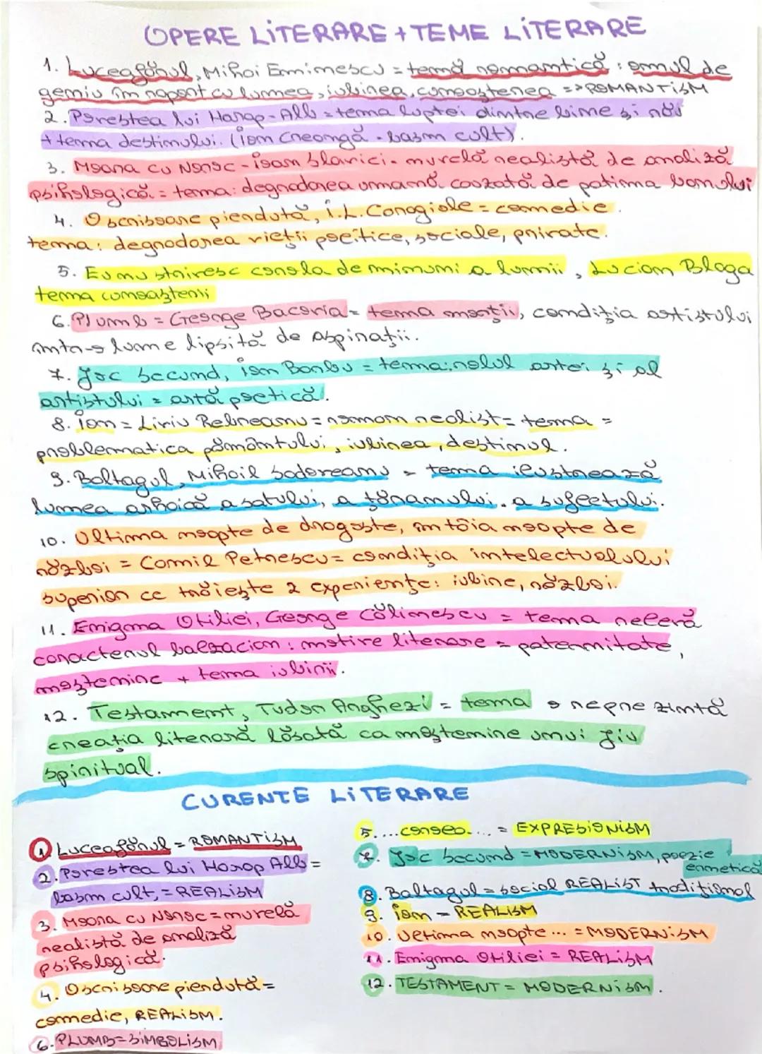 OPERE LITERARE + TEME LITERARE
1. Luceafărul, Mihai Eminescu = tema romantică: omul de
geniu în raport cu lumea, iubirea, cosmosul => ROMANT