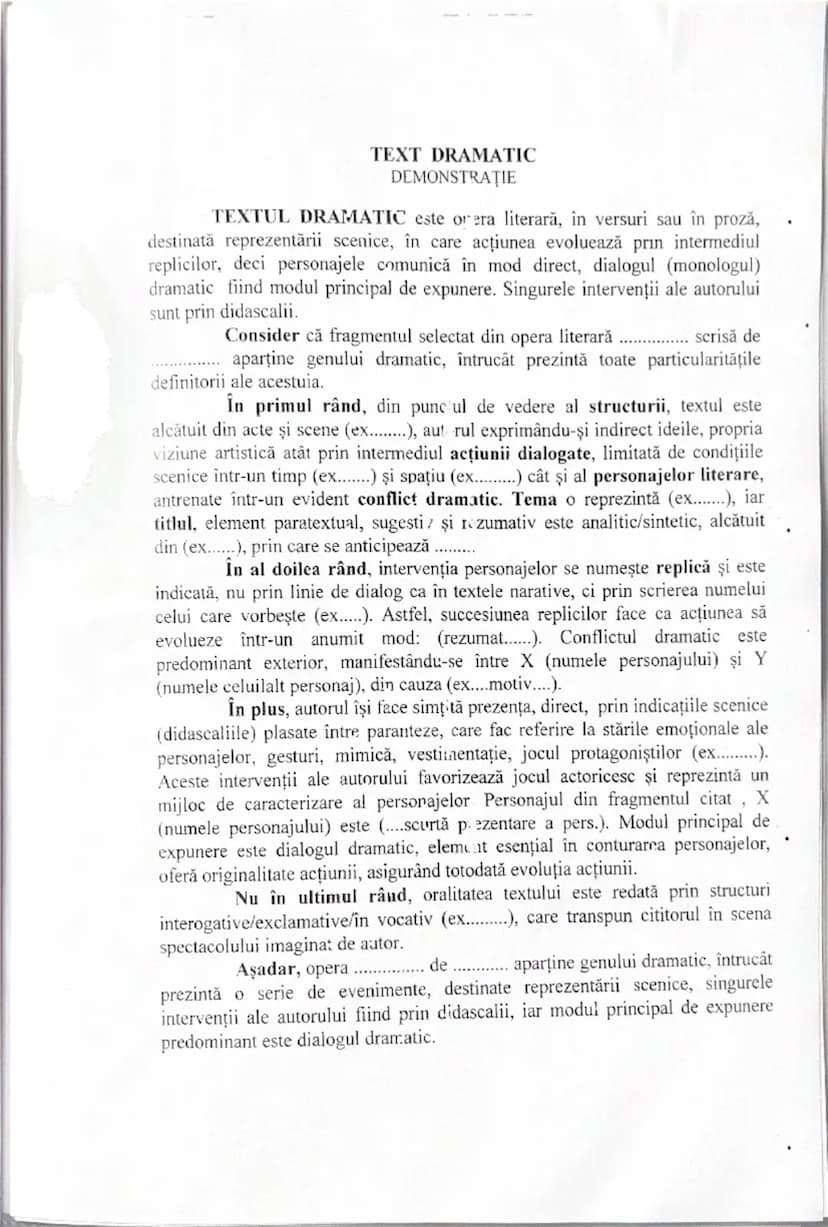 # GENUL DRAMATIC (I)
-argumentare-
Opera literară
..(titlul), de
(numele
autorului), aparţine genului dramatic, întrucât ideile și sentiment
