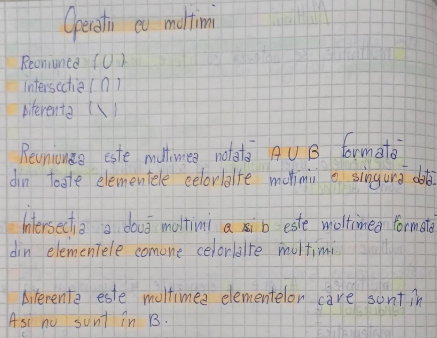 # Operatii cu multimi

- Reuniunea ($\cup$)
- Intersectia ($\cap$)
- Diferenta ($\setminus$)

Reuniunea este multimea notata $A \cup B$ form