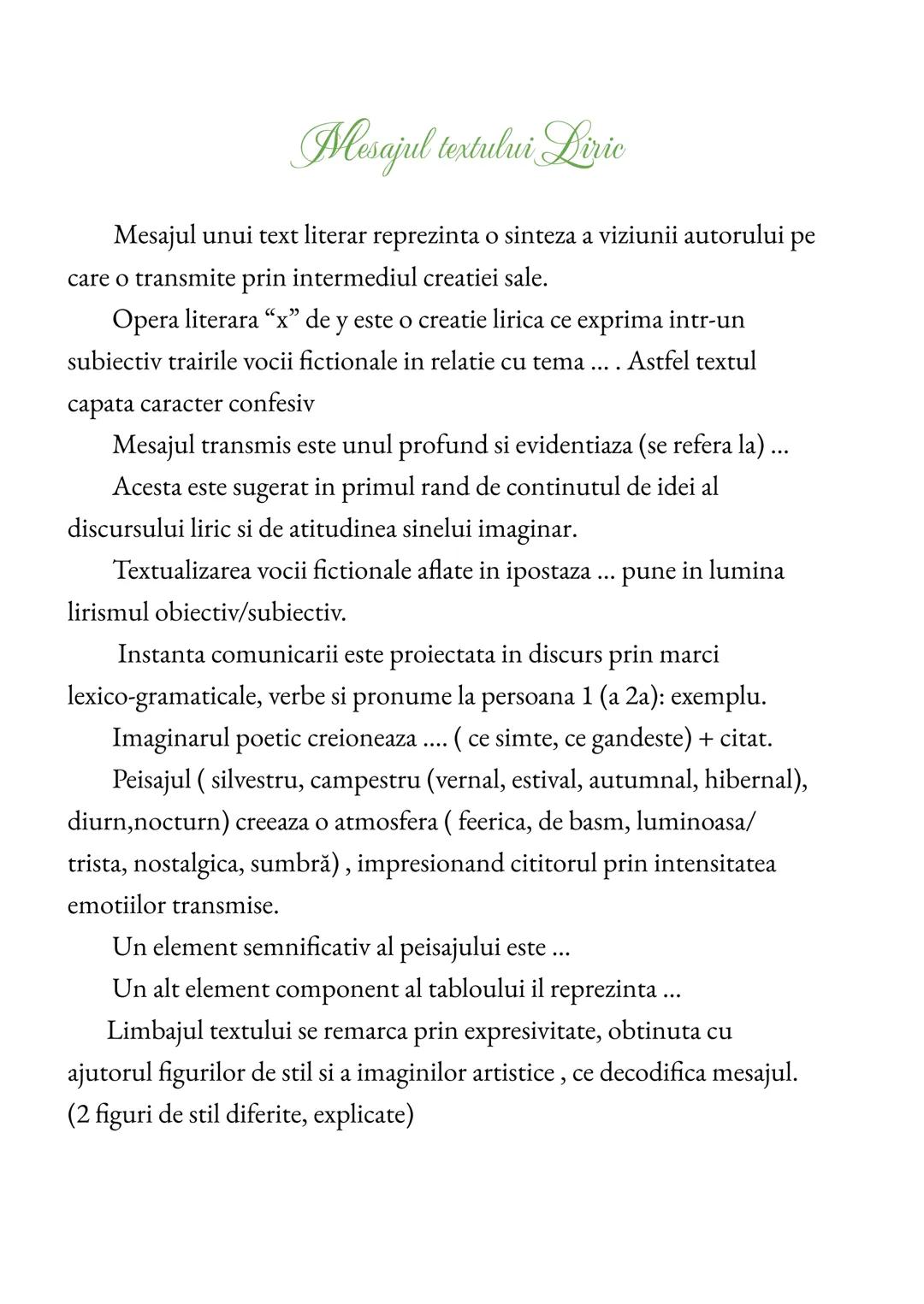 --- OCR Start ---
Mesajul textului Liric
Mesajul unui text literar reprezinta o sinteza a viziunii autorului pe
care o transmite prin interm