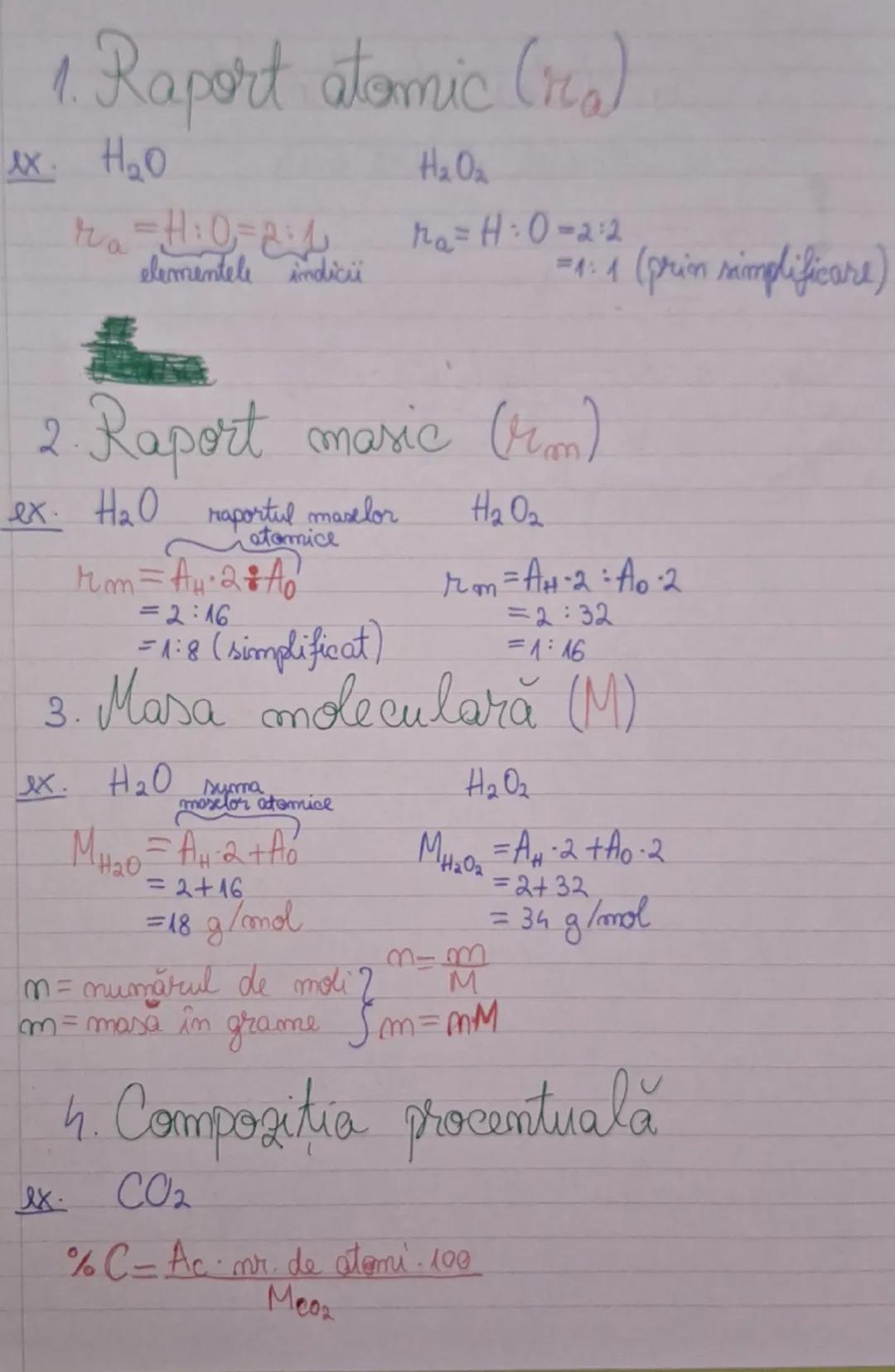 1. Raport atomic (ra)
x. H₂O
ra=H:0=2:1
elementele indici
H₂O₂
ra=H:0=2:2
=1:1 (prin simplificare)
2. Raport masic (rm)
ex. H₂O raportul mas