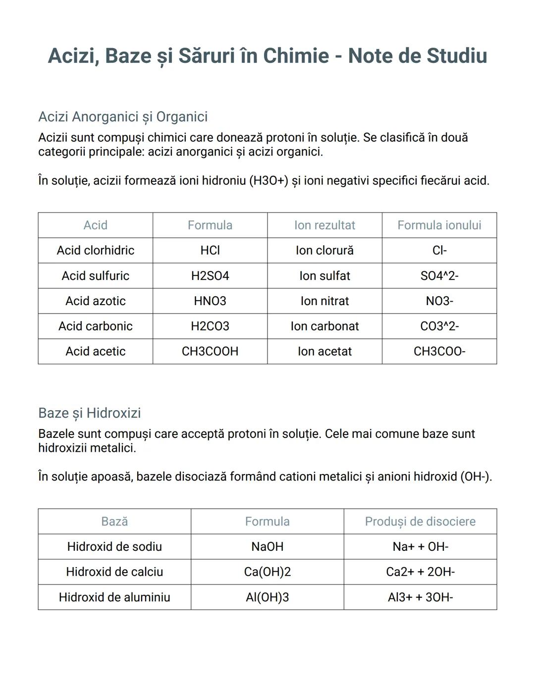 # Acizi, Baze și Săruri în Chimie - Note de Studiu
Acizi Anorganici și Organici
Acizii sunt compuşi chimici care donează protoni în soluție.