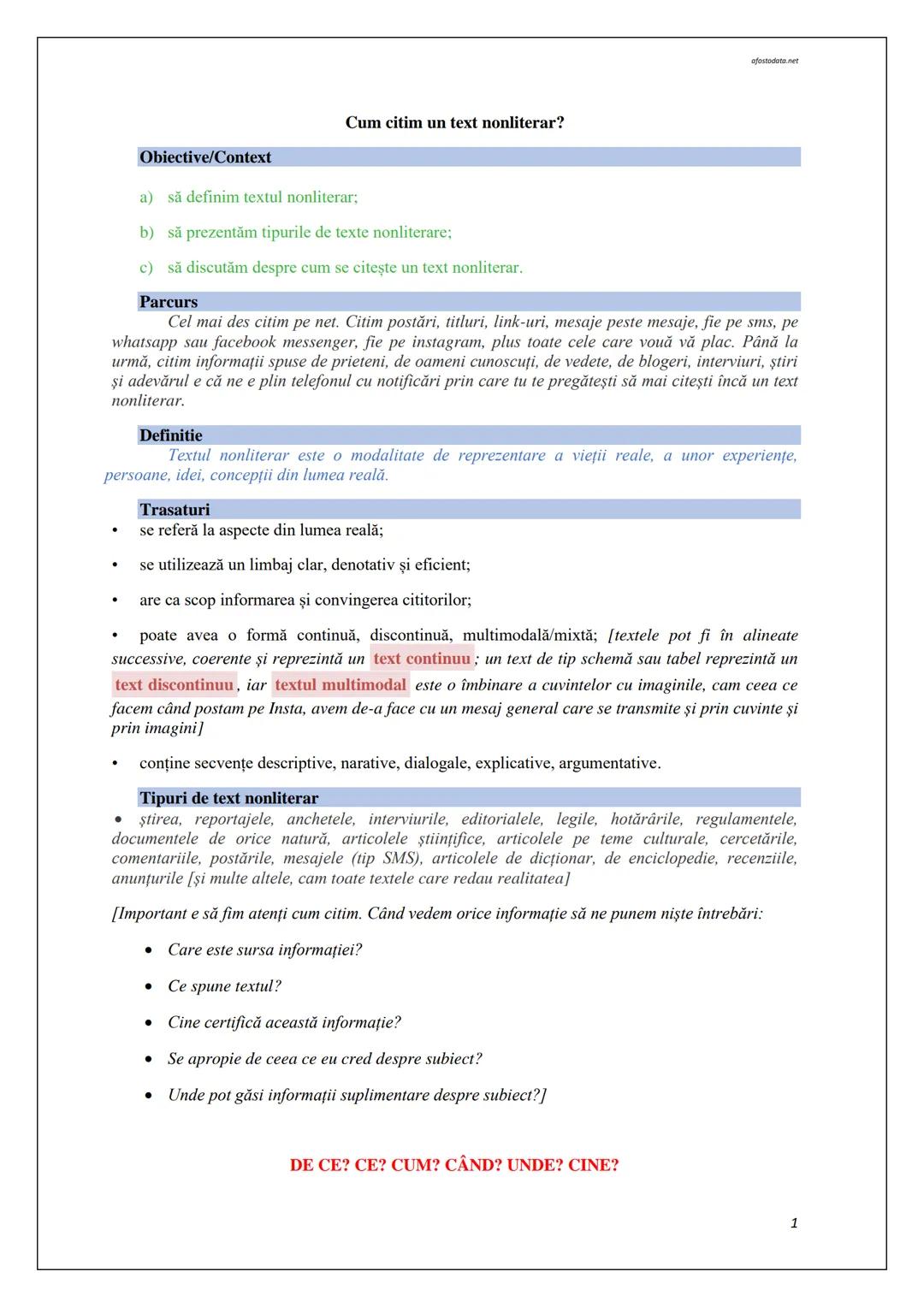 # Cum citim un text nonliterar?
afostodata.net

Obiective/Context

a) să definim textul nonliterar;

b) să prezentăm tipurile de texte nonli