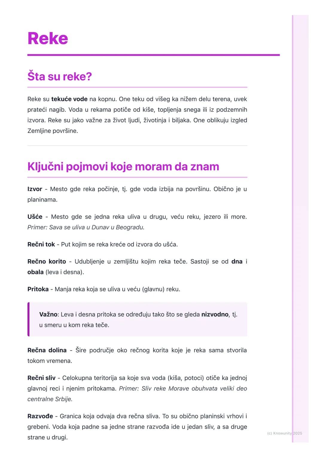 # Reke

## Šta su reke?

Reke su tekuće vode na kopnu. One teku od višeg ka nižem delu terena, uvek
prateći nagib. Voda u rekama potiče od k