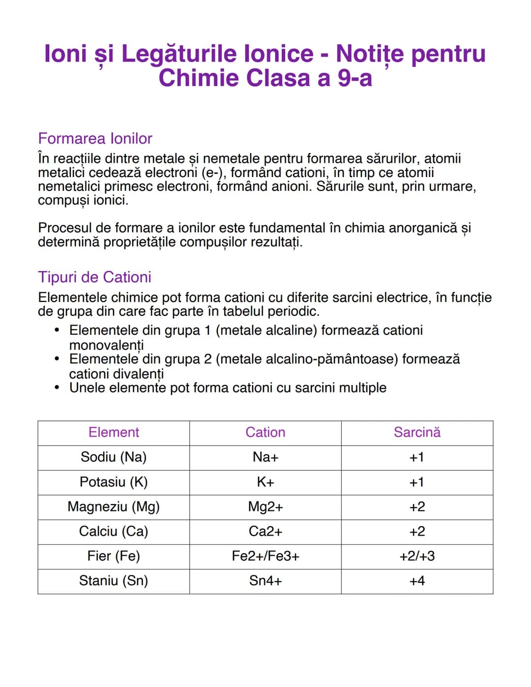 # loni și Legăturile lonice - Notițe pentru
Chimie Clasa a 9-a

Formarea lonilor
În reacțiile dintre metale şi nemetale pentru formarea săru