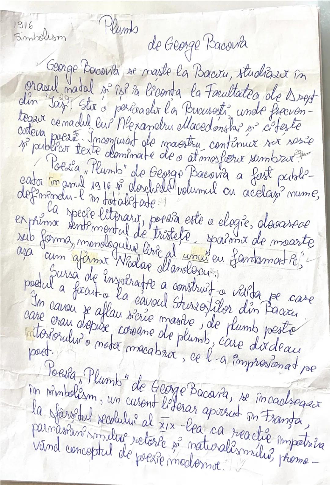 # 1916
# Symbolism
Plumb de George Bacovia
✓George Bacovia se naşte la Bacău, studiază în
orăşul natal şi îşi ia licenţa la Facultatea de Dr