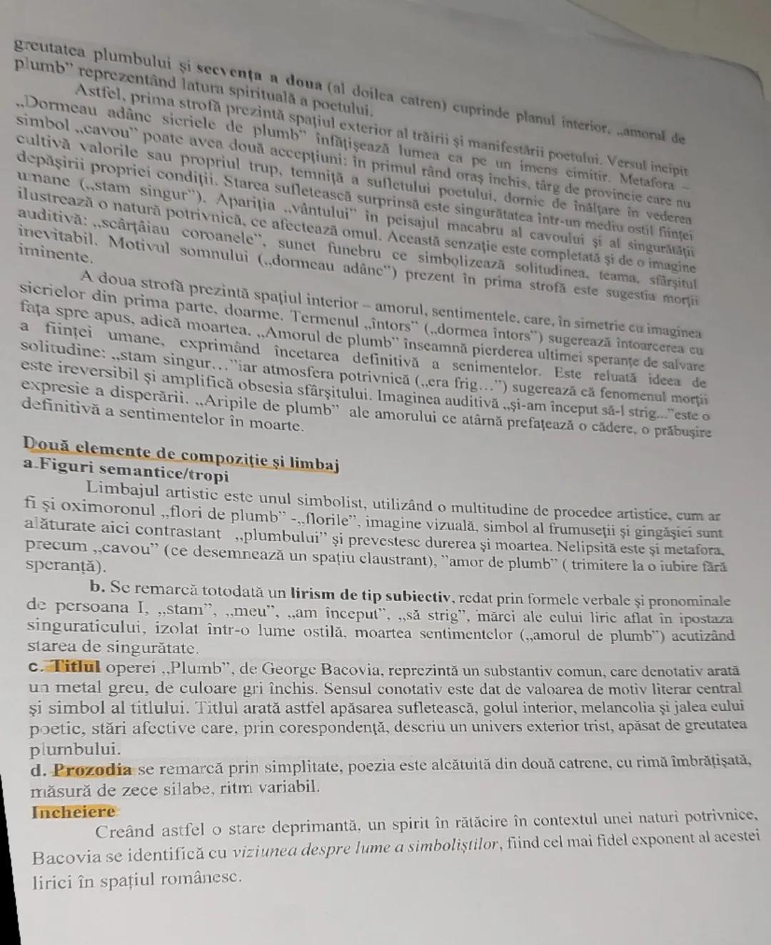 --- OCR Start ---
greutatea plumbului şi secvența a doua (al doilea catren) cuprinde planul interior, amoral de
plumb" reprezentând latura s