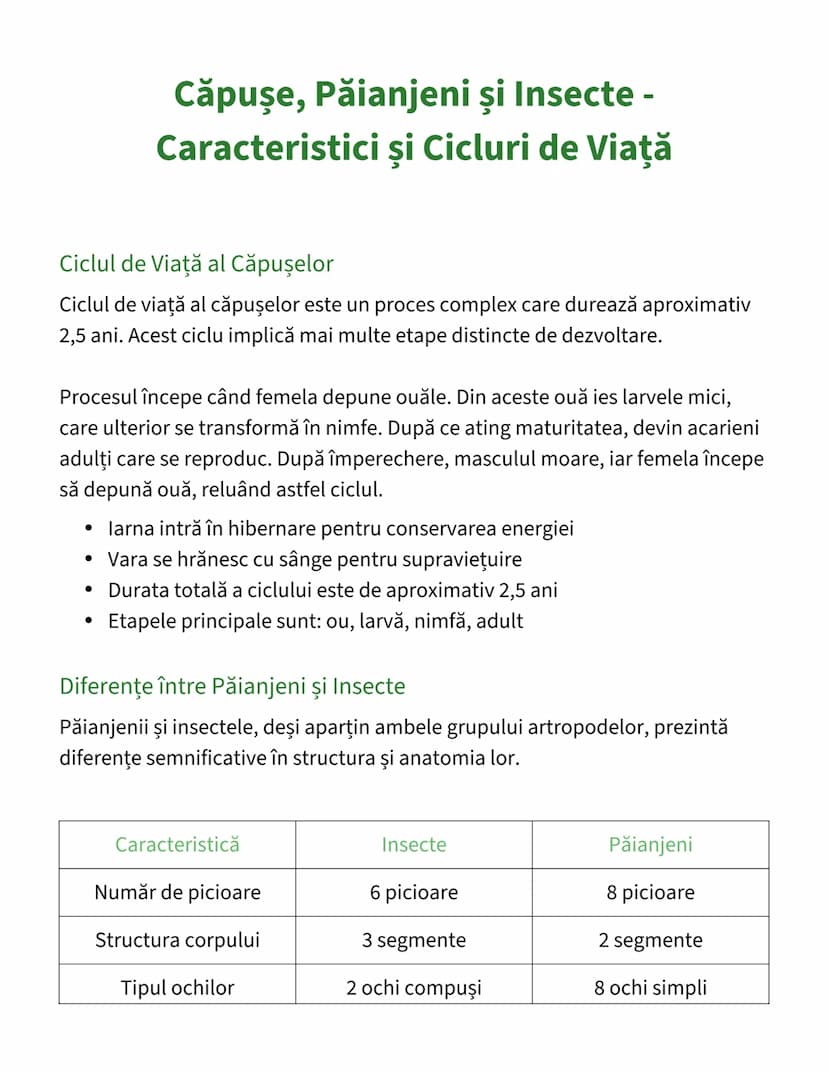 # Căpușe, Păianjeni şi Insecte -
# Caracteristici și Cicluri de Viață

## Ciclul de Viață al Căpușelor
Ciclul de viaţă al căpușelor este un 