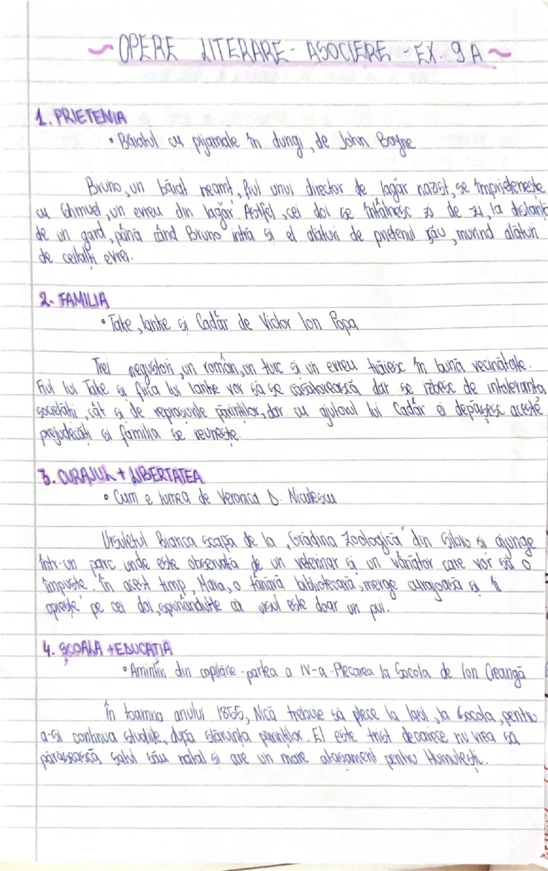 # OPERE LITERARE - ASOCIERE - EX. 9 A

1. **PRIETENIA**

  *  *Băiatul cu pijamale în dungi*, de John Boyne

  Bruno, un băiat neamț, fiul u