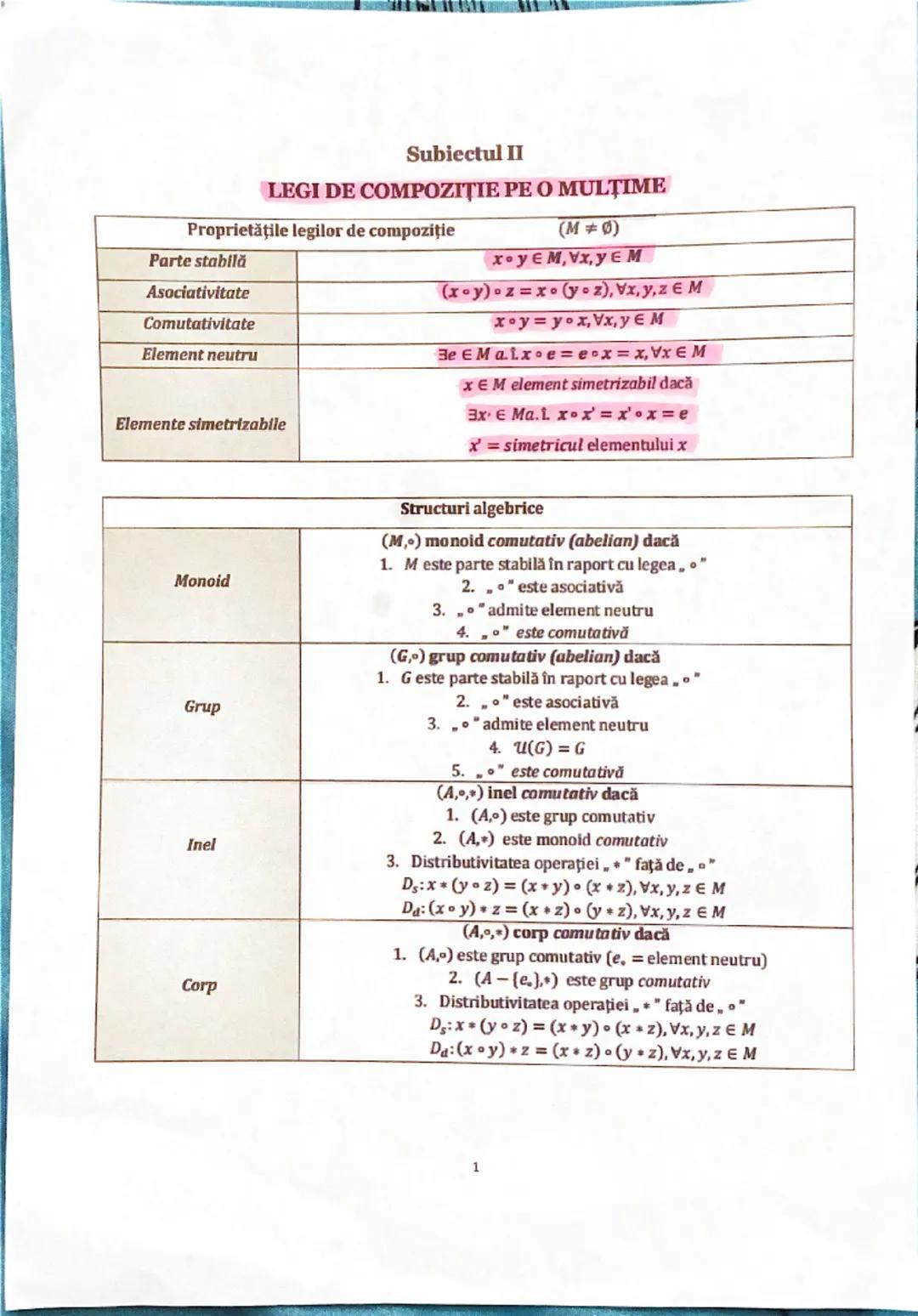 Subiectul II

LEGI DE COMPOZIŢIE PE O MULȚIME

Proprietăţile legilor de compoziție

|                               | $(M \ne 0)$           