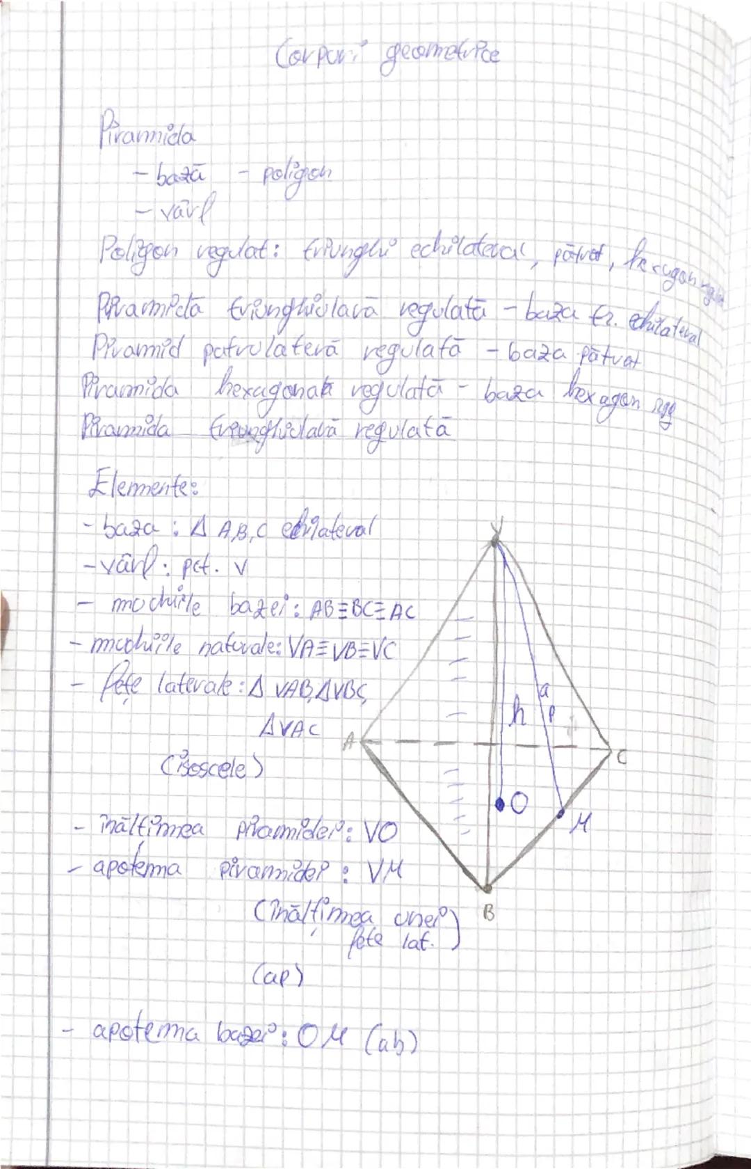 --- OCR Start ---
Piramida
Corpor geometrice
- baza - poligion
- varl
Poligon vegulat: triunghi echiladera, patret,
fecugan ng
Perarm Peta E