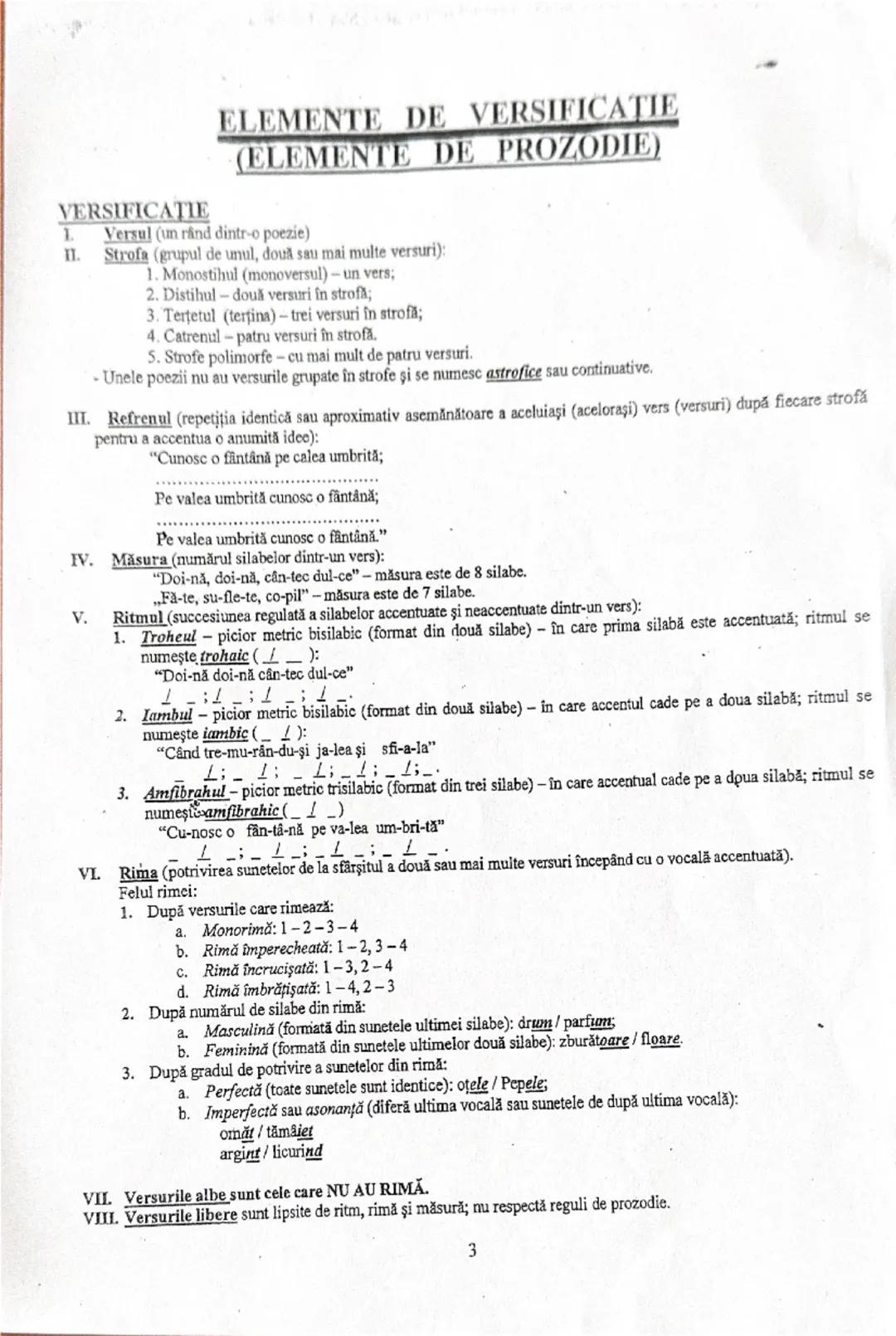 --- OCR Start ---
VERSIFICATIE
ELEMENTE DE VERSIFICATIE
(ELEMENTE DE PROZODIE)
1. Versul (un rând dintr-o poezie)
II. Strofa (grupul de unul
