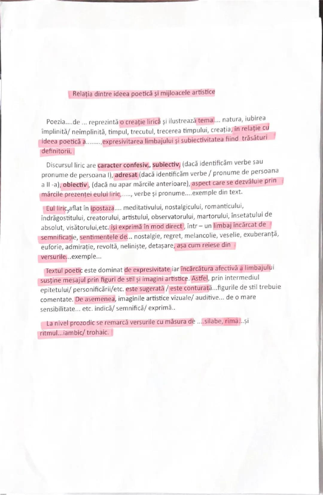 # Relaţia dintre ideea poetică şi mijloacele artistice
Poezia....de... reprezintă o creație lirică şi ilustrează tema.... natura, iubirea
îm