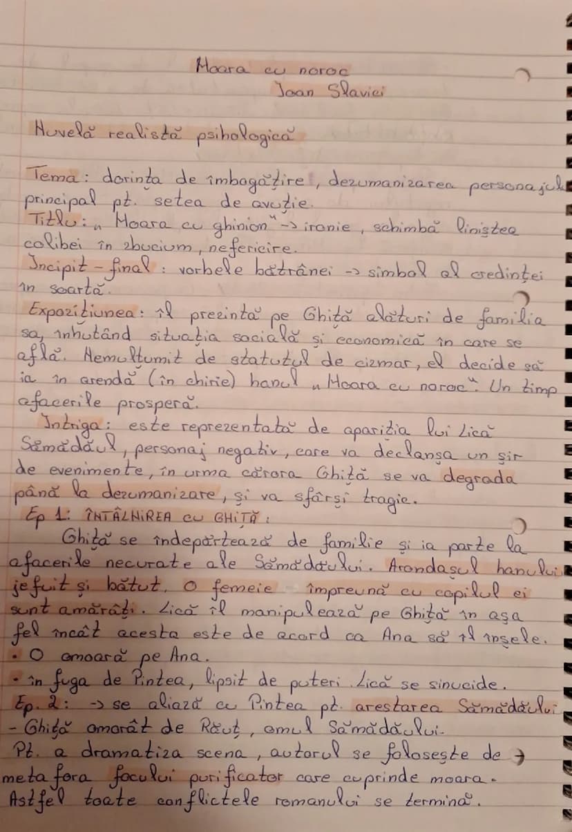 --- OCR Start ---
Moara eu noroc
Joan Slavici
Huvelă realistă psihologică
Tema: dorința de îmbogăţire, dezumanizarea personajul
principal pt