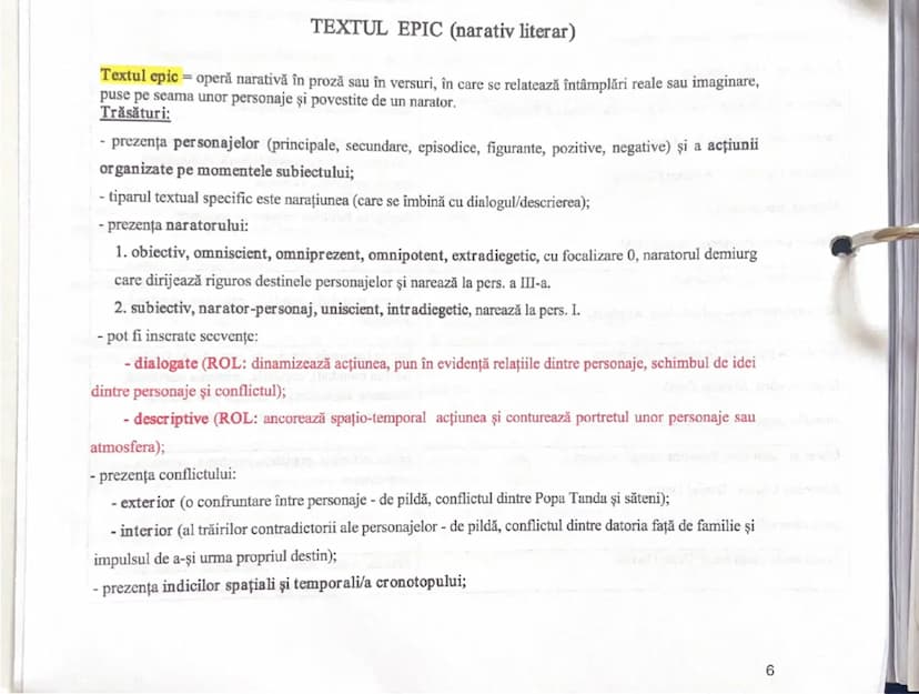 --- OCR Start ---
TEXTUL EPIC (narativ literar)
Textul epic = operă narativă în proză sau în versuri, în care se relatează întâmplări reale 