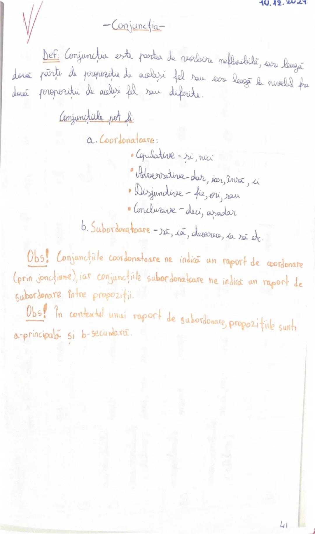 -Conjunctia-
10.42.
Def: Conjunctia este partea de vorbire nefesibilă, car leagă
două părți de propozitie de acelasi fel sau cars leagă la n