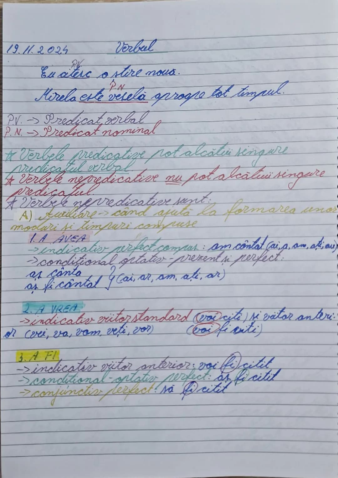--- OCR Start ---
19.11.2024
Verbal
Eu citesc o stire nouă.
PN
Mirela este veselă aproape tot timpul.
PV\rightarrow Predicat verbal
PN\right