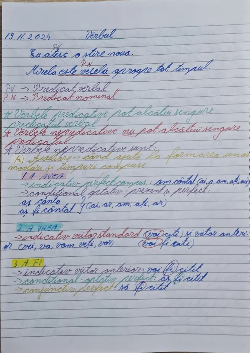 --- OCR Start ---
19.11.2024
Verbal
Eu citesc o stire nouă.
PN
Mirela este veselă aproape tot timpul.
PV\rightarrow Predicat verbal
PN\right