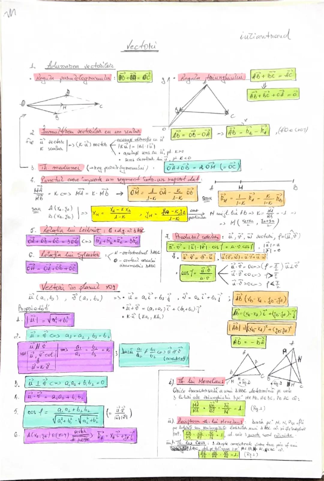 --- OCR Start ---
M
Vectori
intiantrand
1. Adunarea vectorilor
• Reguda paralelogramului: 06+A=OC 31. Regula triunghiului AB + BC - Ac
2 Imm