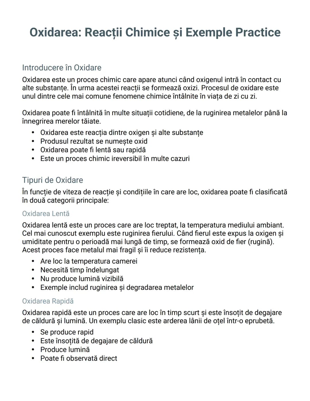# Oxidarea: Reacții Chimice și Exemple Practice

# Introducere în Oxidare
Oxidarea este un proces chimic care apare atunci când oxigenul int