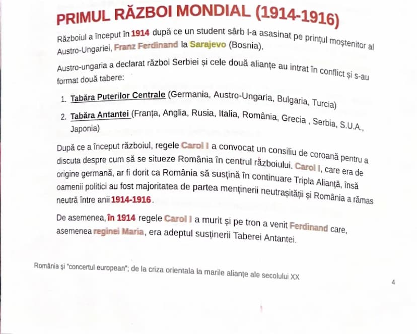 # PRIMUL RĂZBOI MONDIAL (1914-1916)
Războiul a început în 1914 după ce un student sårb l-a asasinat pe prințul moştenitor al
Austro-Ungariei