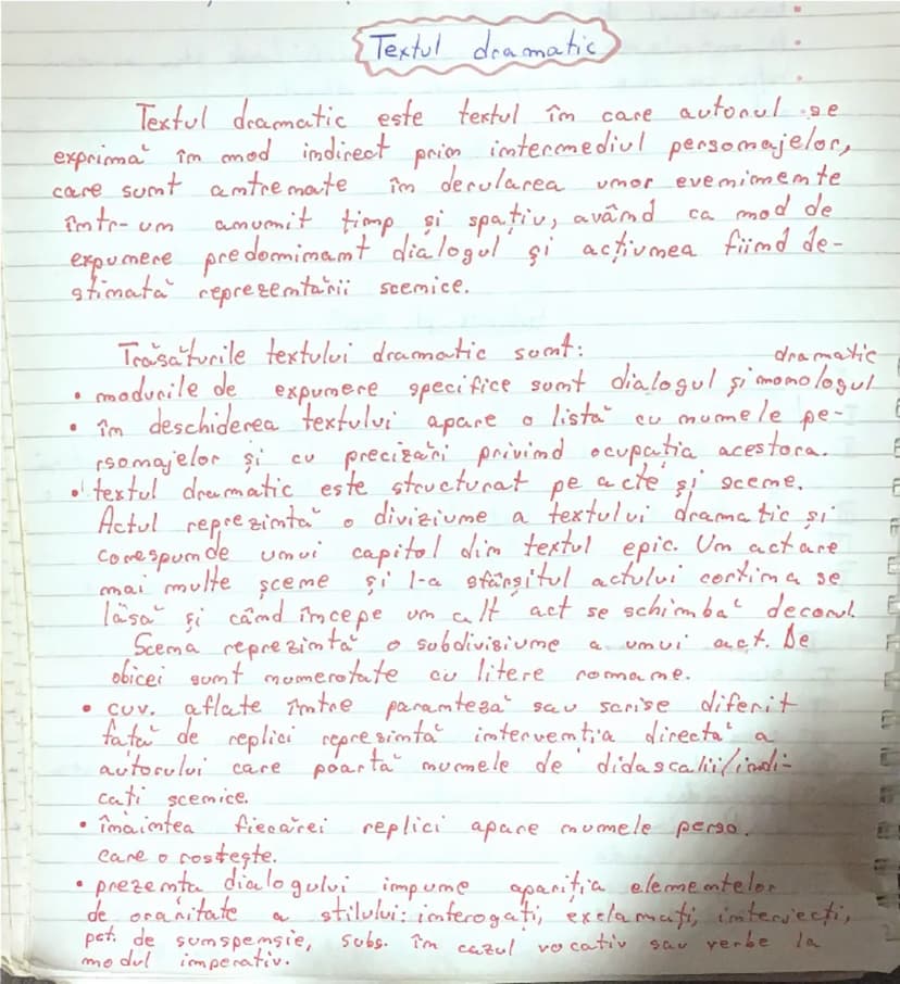 --- OCR Start ---
Textul dramatic
Textul dramatic este textul îm
care
autonul se
exprimă în mod indirect prin intermediul personajelor,
care