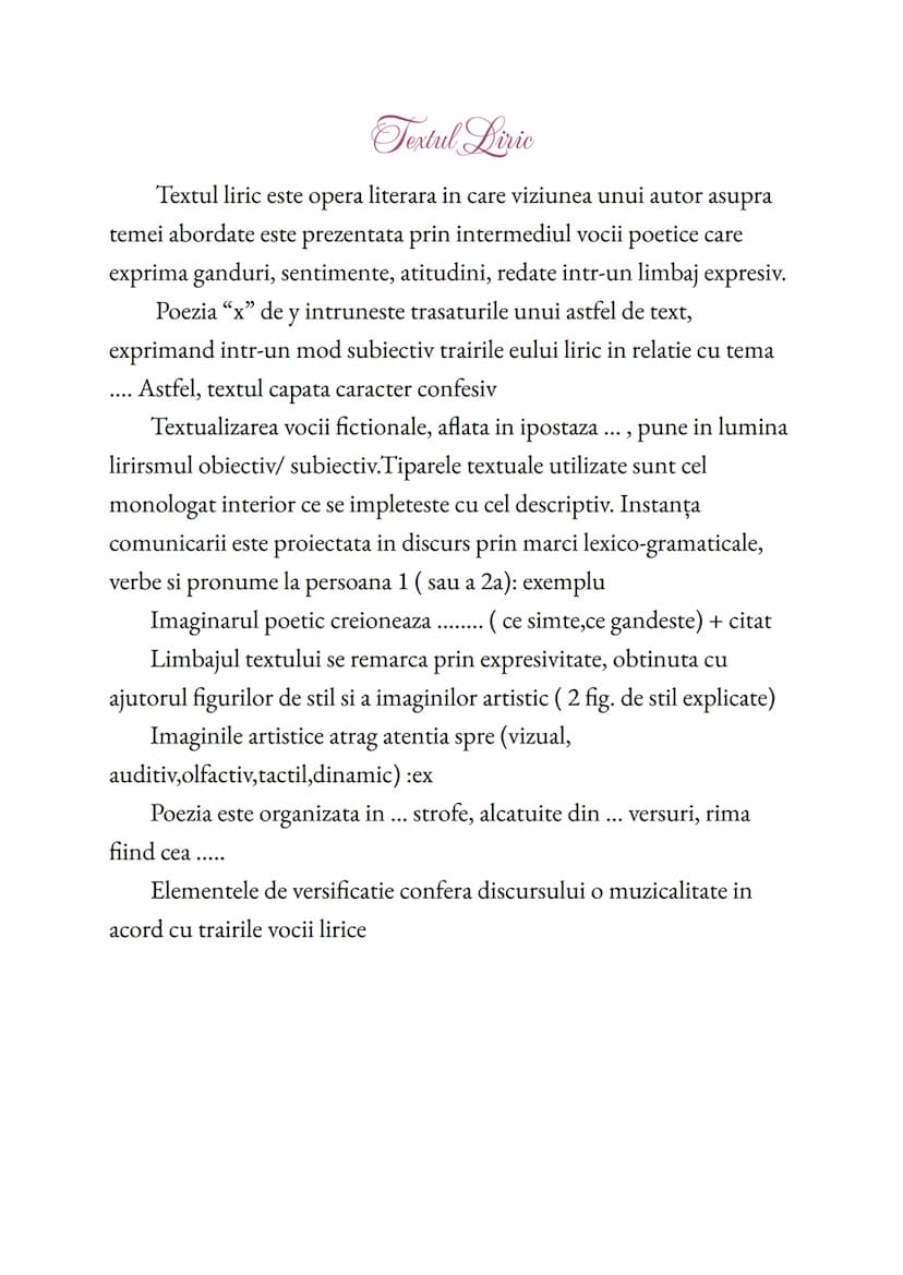 --- OCR Start ---
Textul Liric
Textul liric este opera literara in care viziunea unui autor asupra
temei abordate este prezentata prin inter