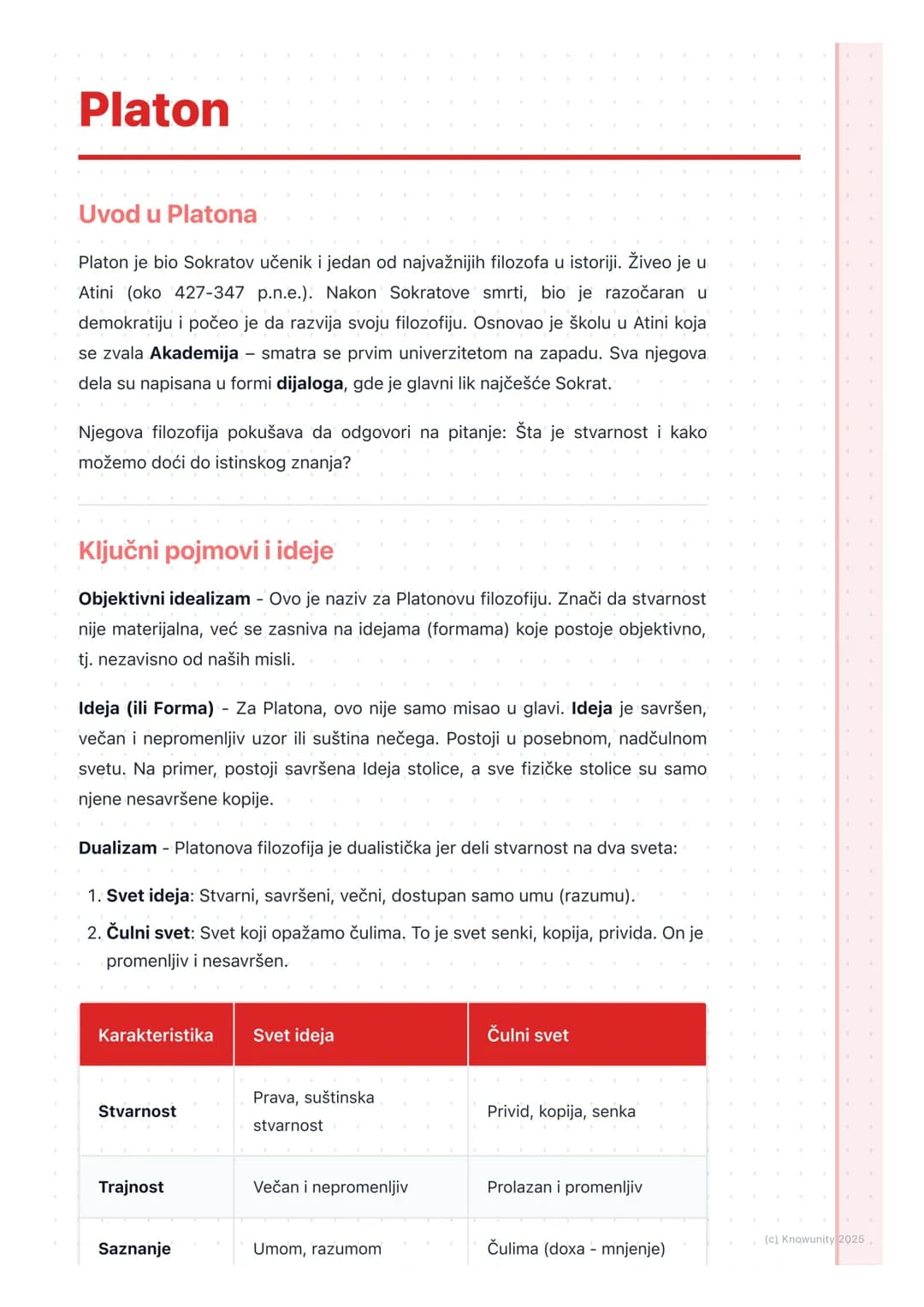 # Platon

Uvod u Platona

Platon je bio Sokratov učenik i jedan od najvažnijih filozofa u istoriji. Živeo je u
Atini (oko 427-347 p.n.e.). N
