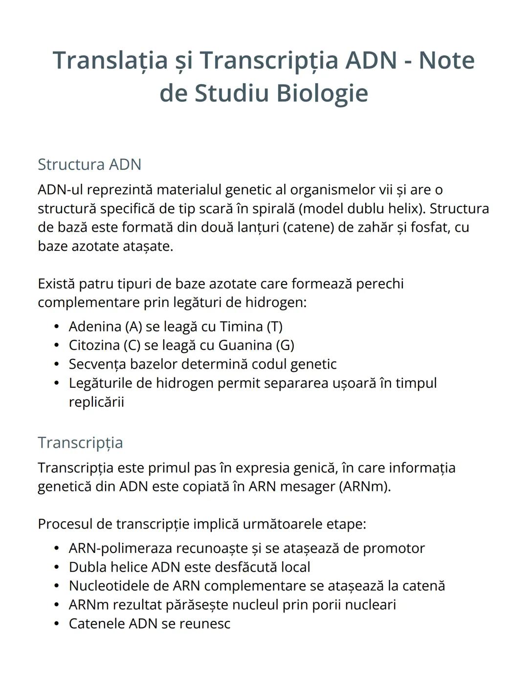 Translația și Transcripția ADN - Note de Studiu Biologie