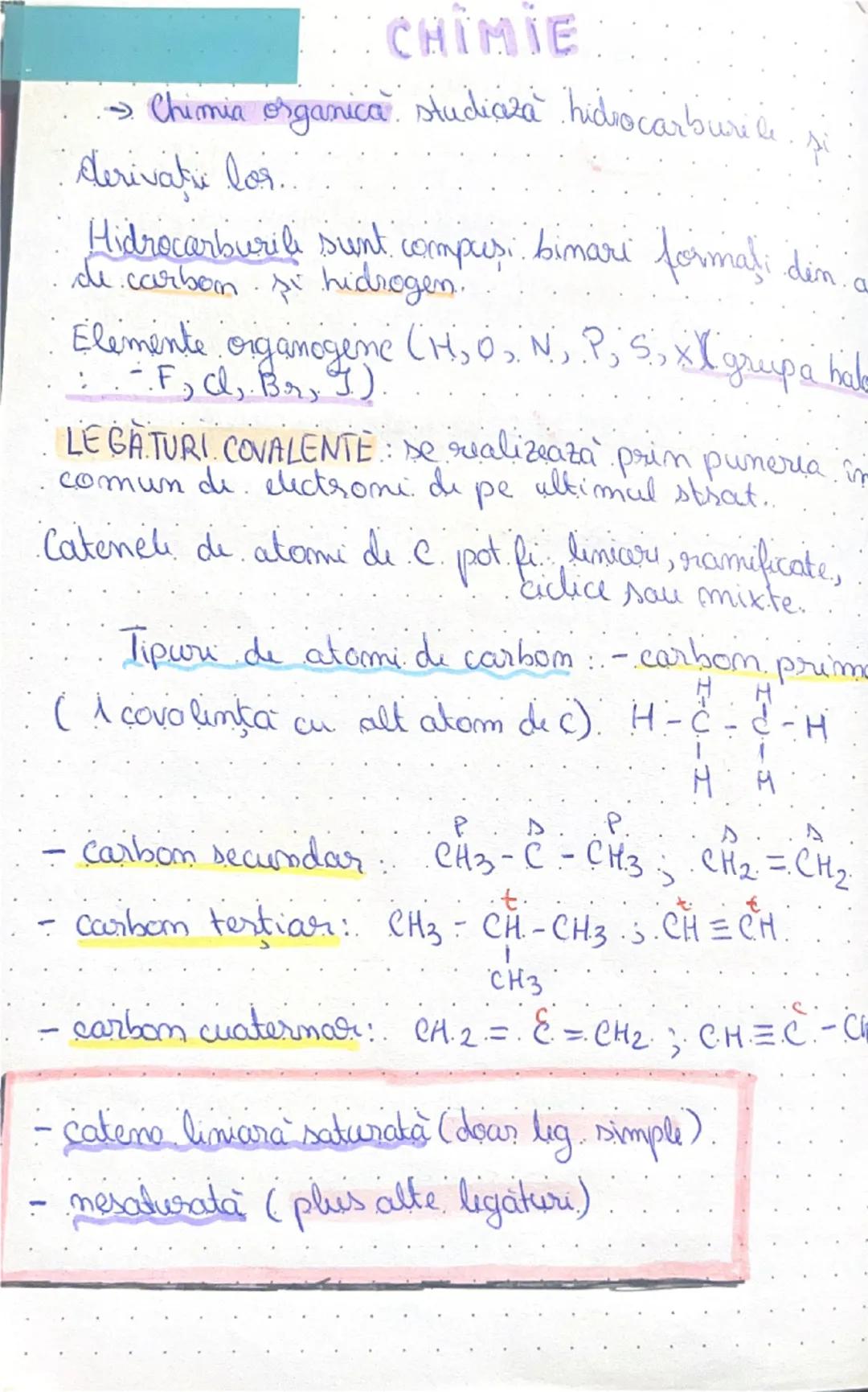 # CHIMIE

→ Chimia organică studiază hidrocarburile și derivații lor.

Hidrocarburile sunt compuși binari formați din atomi de carbon și hid