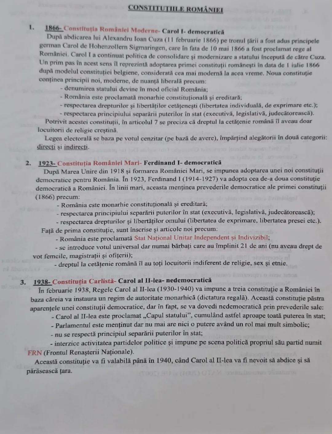 # CONSTITUTIILE ROMÂNIEI

1. 1866- Constituţia României Moderne Carol I- democratică

După abdicarea lui Alexandru Ioan Cuza (11 februarie 1