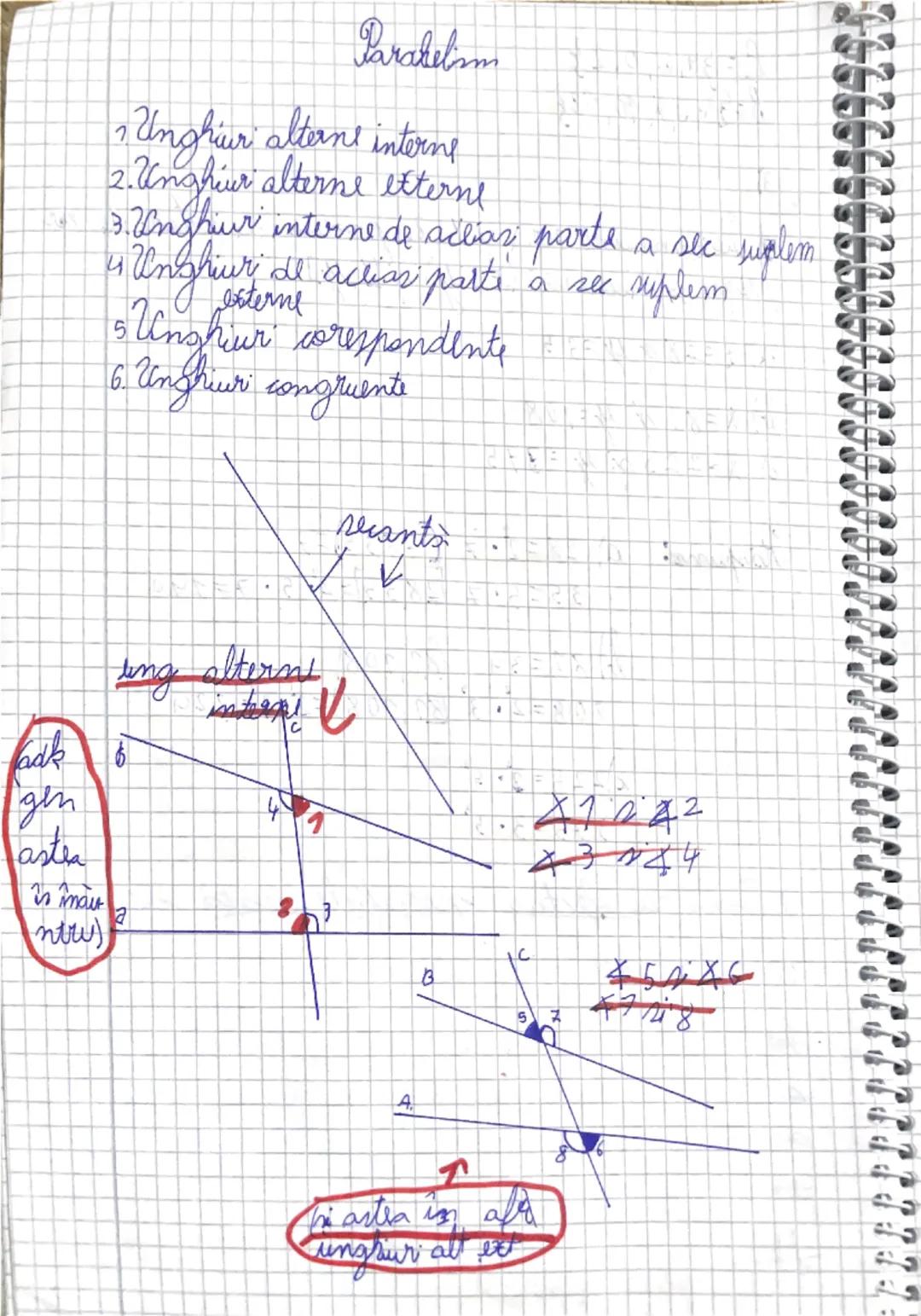 # Parakelism
1. Unghiuri alterne interne
2. Unghiuri alterne externe
3. Unghiuri interne de aceiași parte a sec suplem
4. Unghiuri de aceiaș